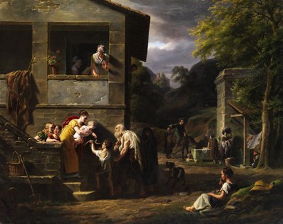 Blinder Bettler und kleiner Junge am Haus einer vornehmen Dame von Antoine Beranger